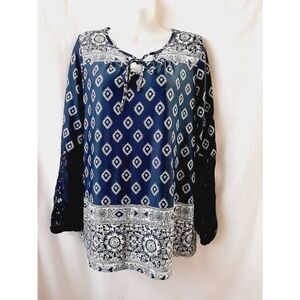 Lee blue lace tie front sz large stretch Cowgirl Honky Tonk 90s Western blouse